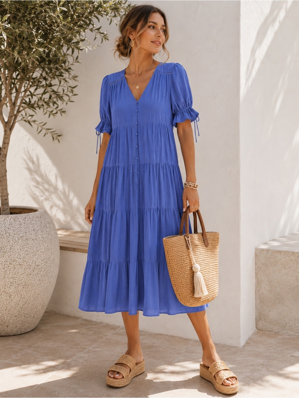 Blue Tiered Midi Dress Boho Cottagecore Button Front Puff Sleeve NWOT Small/Med